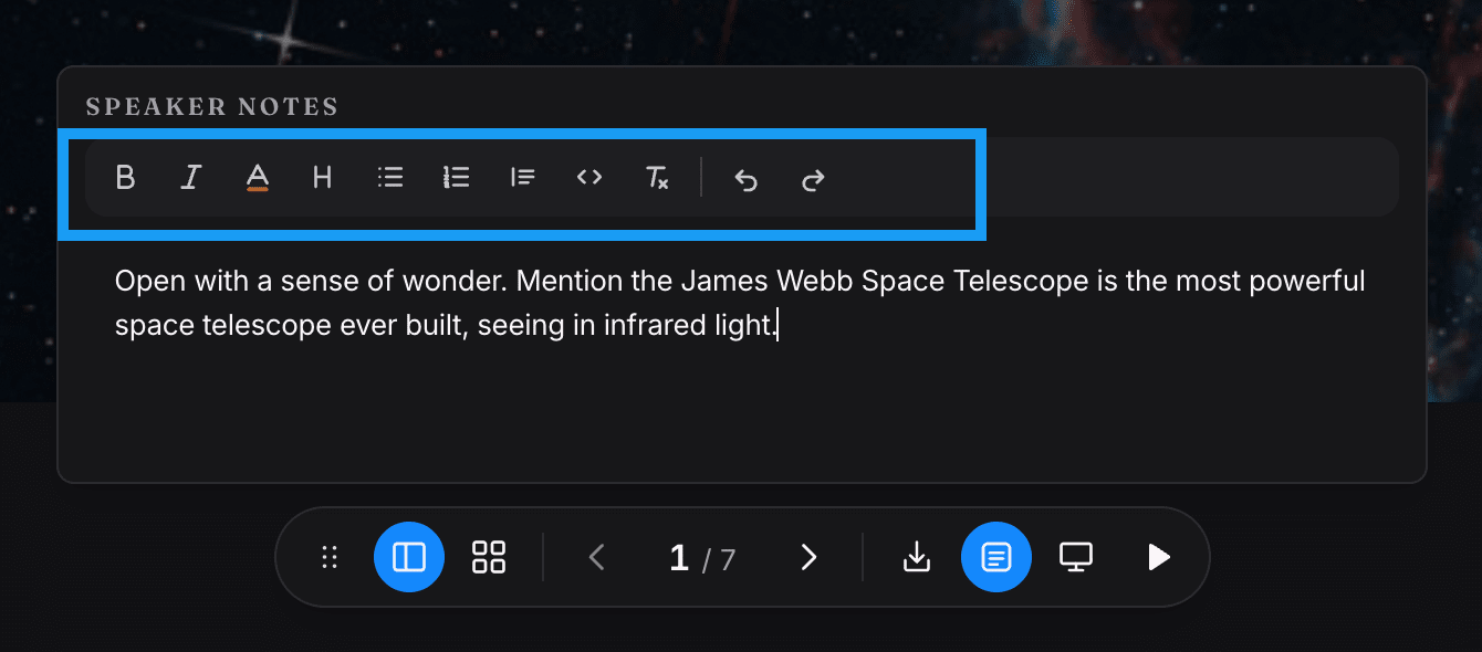 The speaker notes panel open above the toolbar, with formatting icons for bold, italic, color, heading, bullets, numbered list, callout, code, clear formatting, undo, and redo.