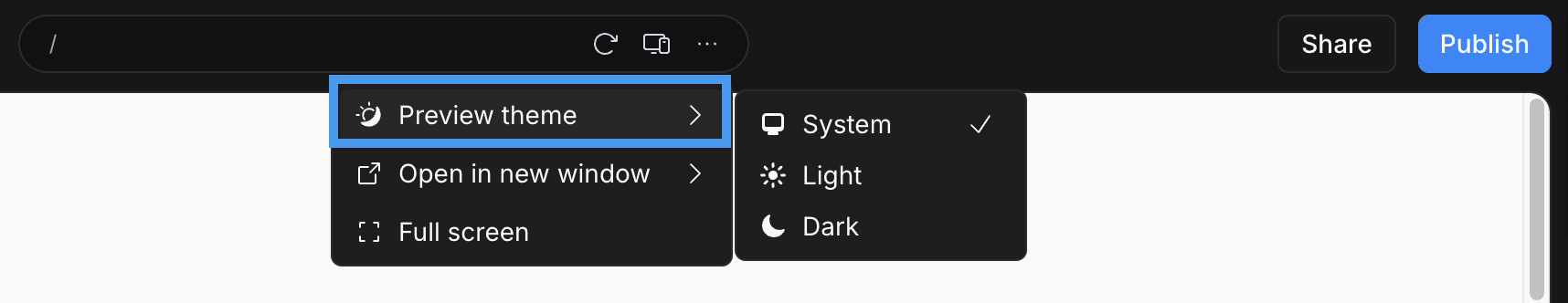 The More preview controls option open with the Preview theme option selected and the System, Light, and Dark options visible.