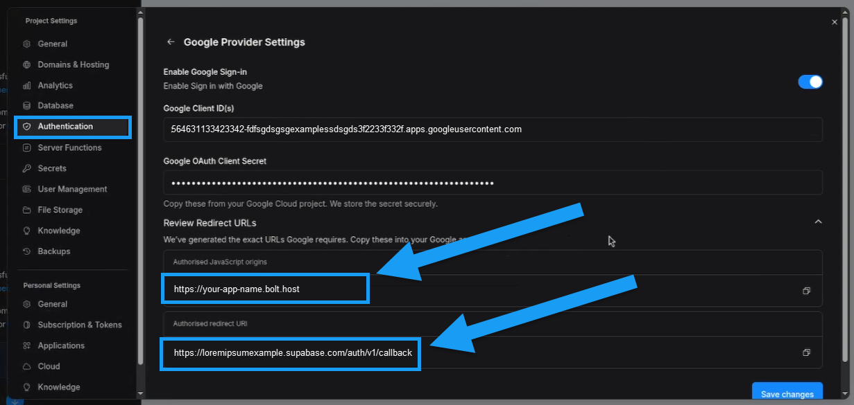 Screenshot of Google SSO authorization settings in Bolt.