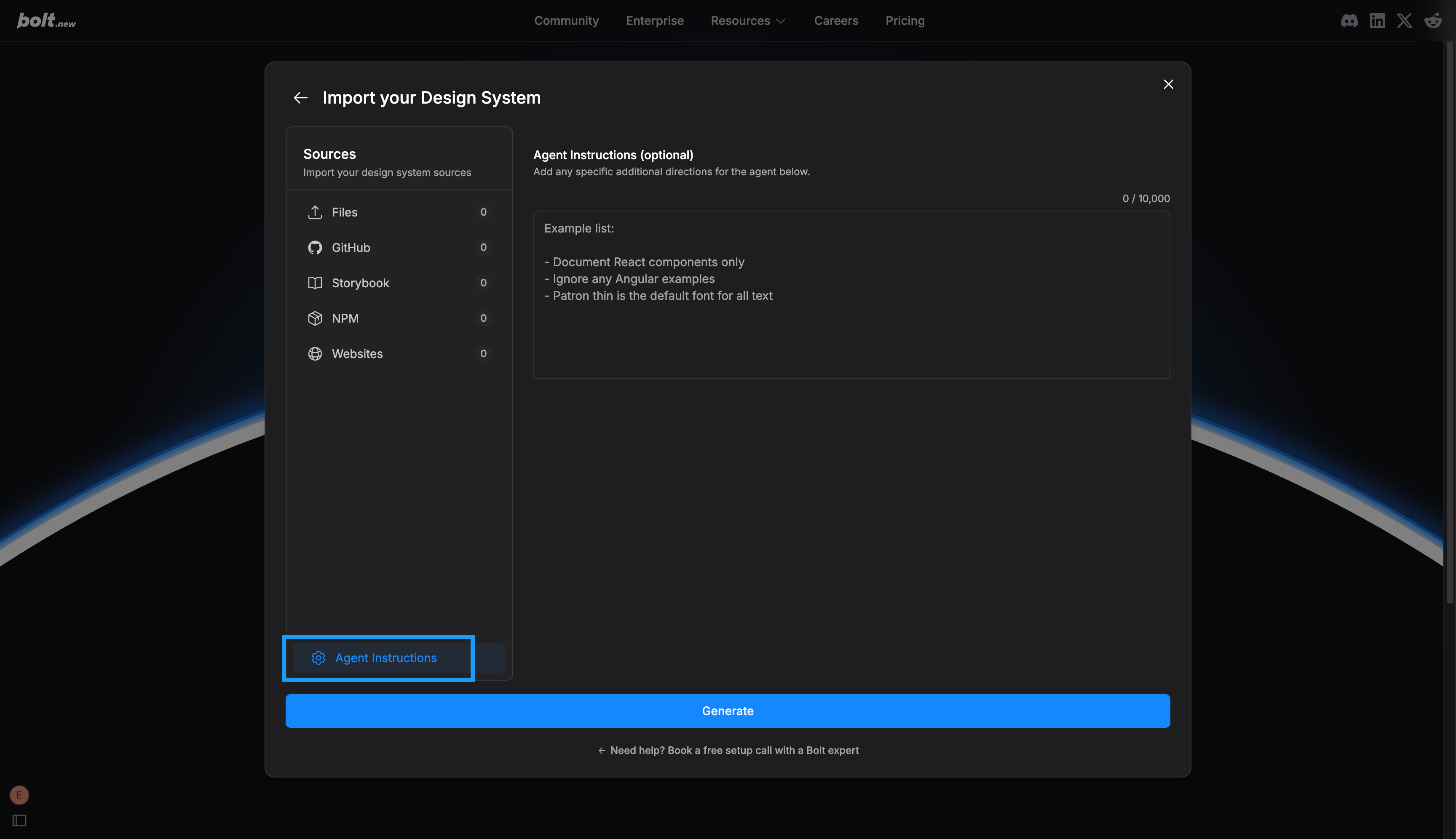 The Upload your Design System dialog showing the Agent instructions tab highlighted and a text box to enter your instructions.