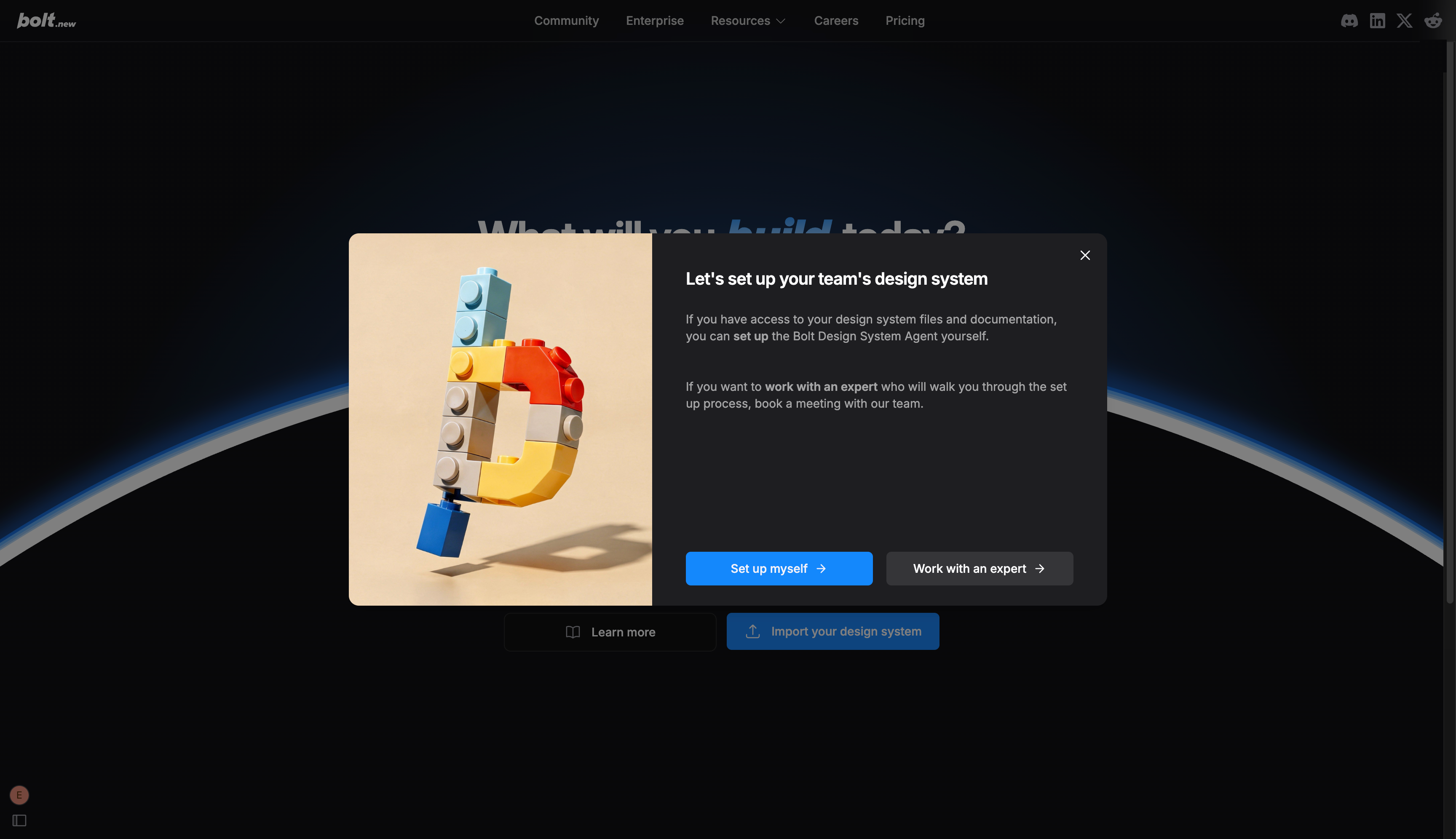 The Let's set up your team's design system dialog showing the options Set up myself and Work with an expert.