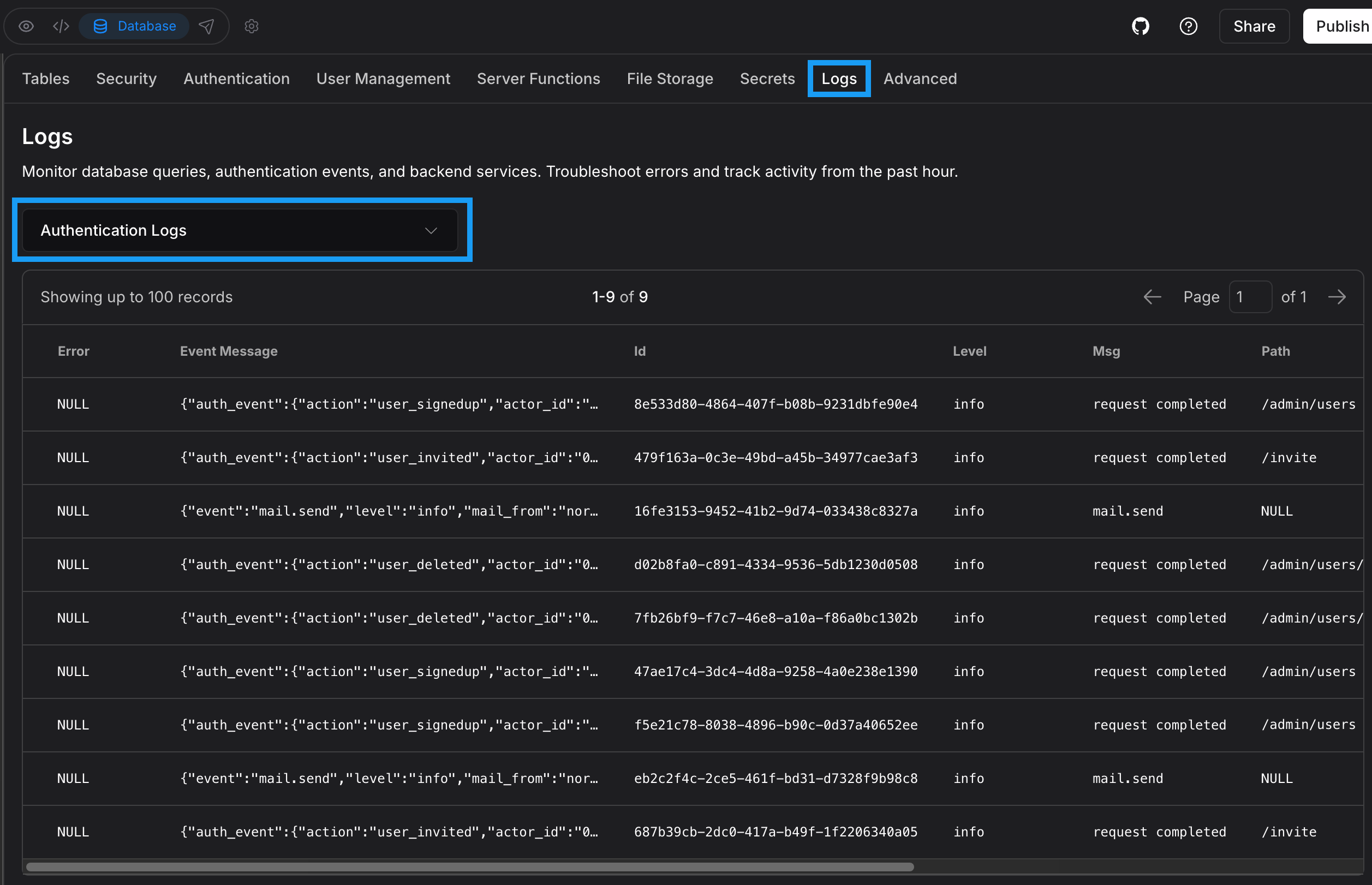 The Logs page in the Bolt database settings.