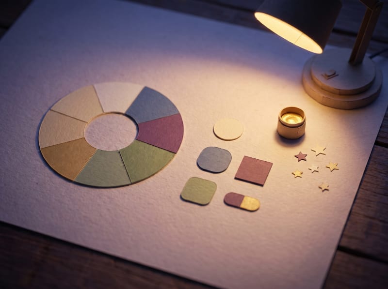 A paper colour wheel and cut-paper button shapes on a model workbench.