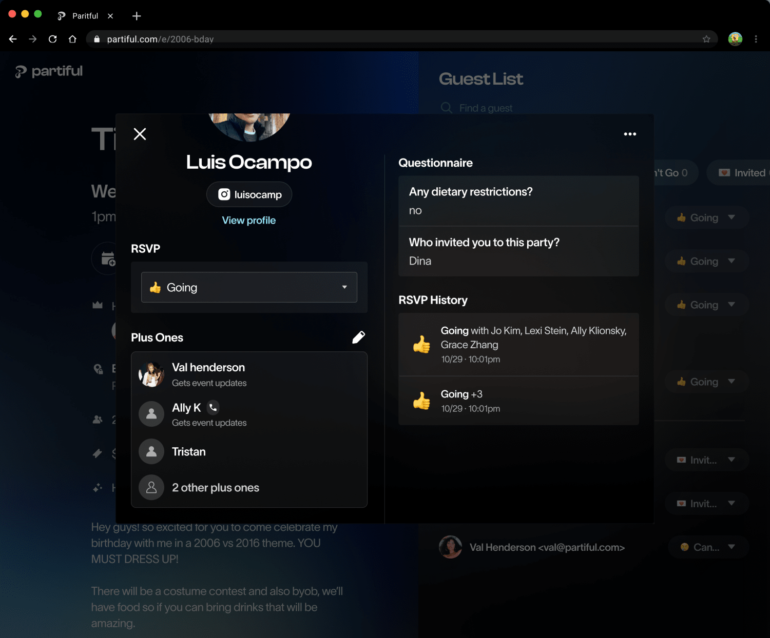 Linked +1s web guest details screen