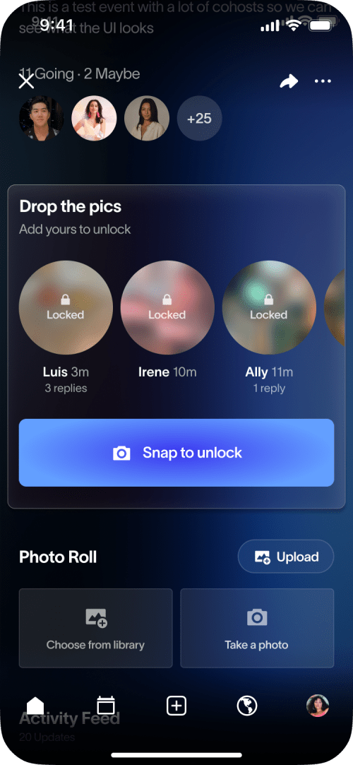 Locked event photos prompt before adding a photo