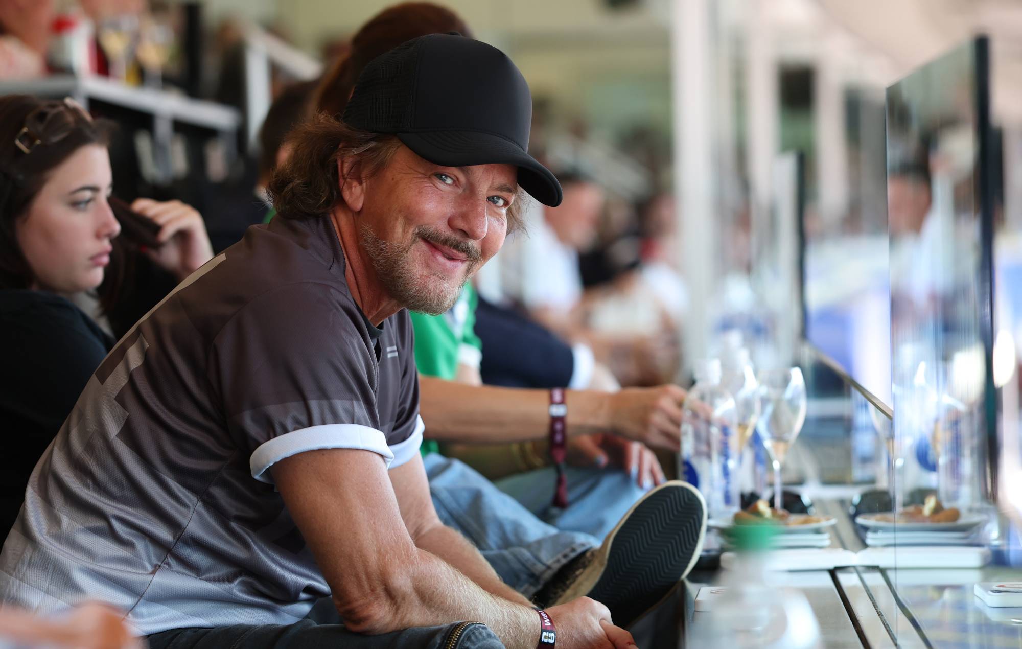 Eddie Vedder reacts to Pearl Jam's 'Alive' playing at USA vs Belgium World Cup match