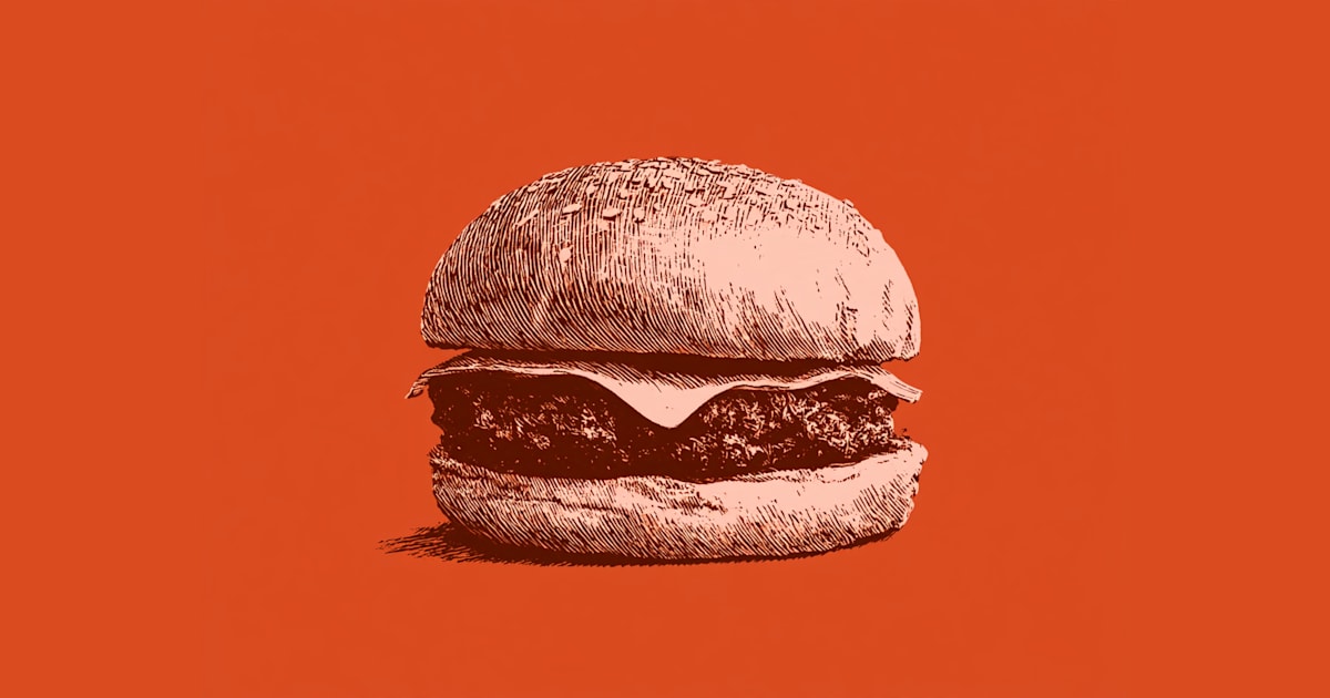 Rubber-stamp illustration of a cheeseburger on an orange background