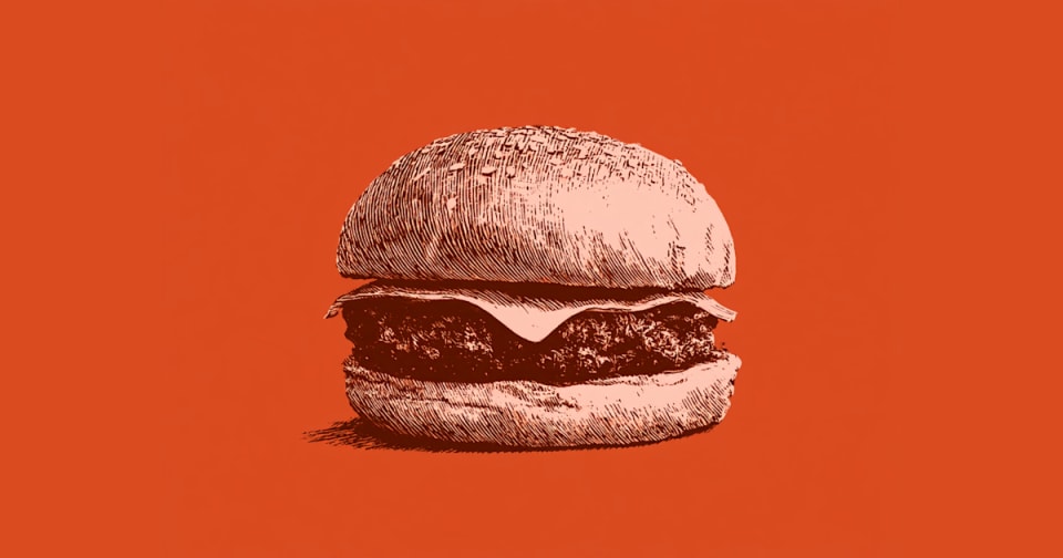 Rubber-stamp illustration of a cheeseburger on an orange background