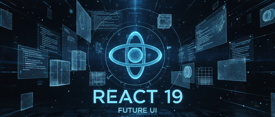 React 19 logo surrounded by new feature icons like Server Components, Actions, and useOptimistic.