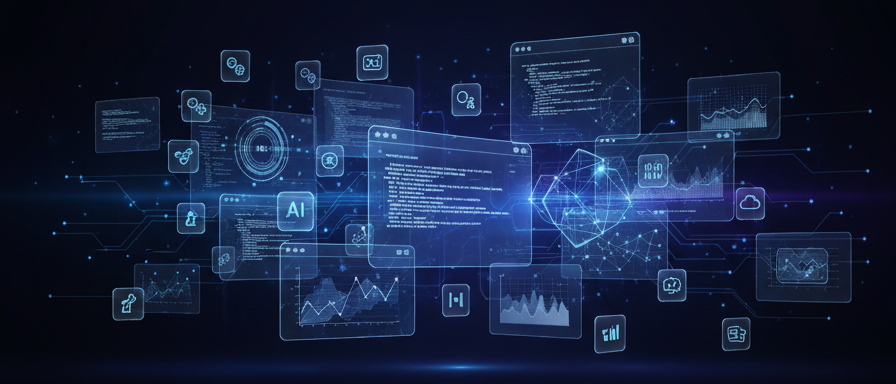 Futuristic web interface showing AI-driven tools, WebAssembly, and 3D web visuals for 2026 trends.