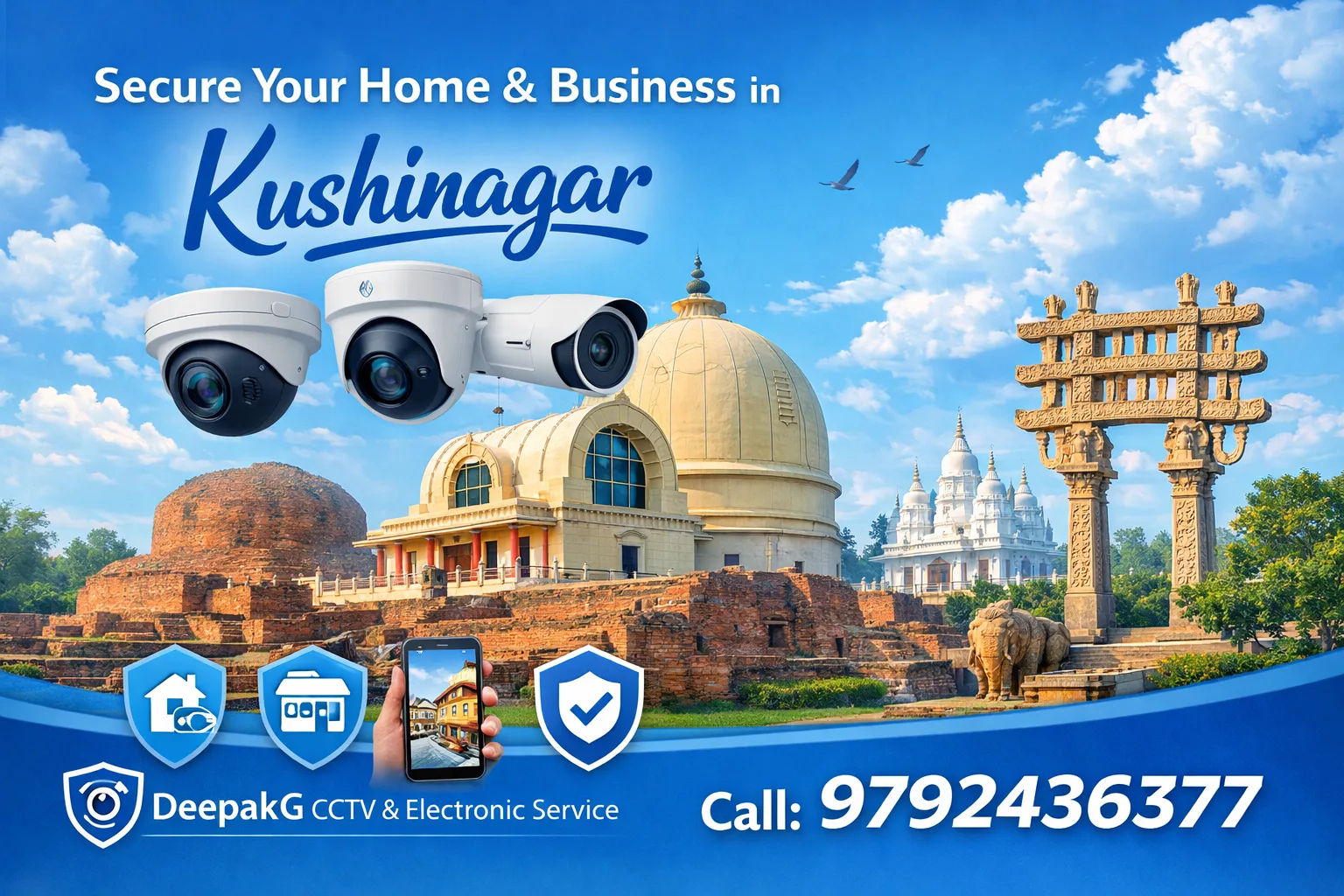 Modern CCTV cameras installed in a home and shop for security monitoring in kasia kushinagar.