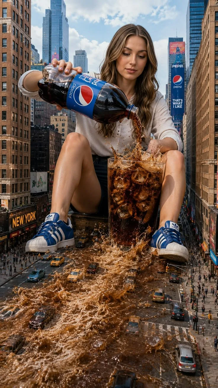 Hyper Realistic Giant Pepsi Scene | Surreal AI Art Prompt for Cinematic Image Generation