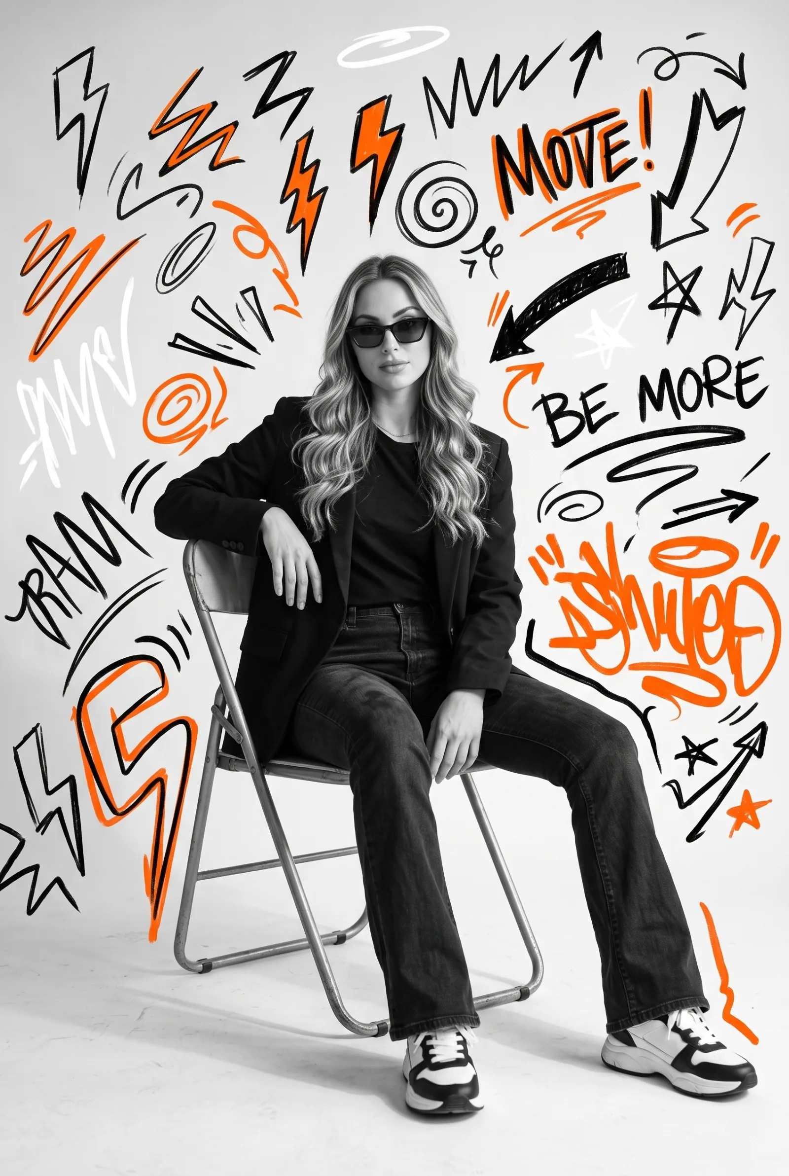 Black & White Studio Portrait | Bold Graffiti Doodle Art