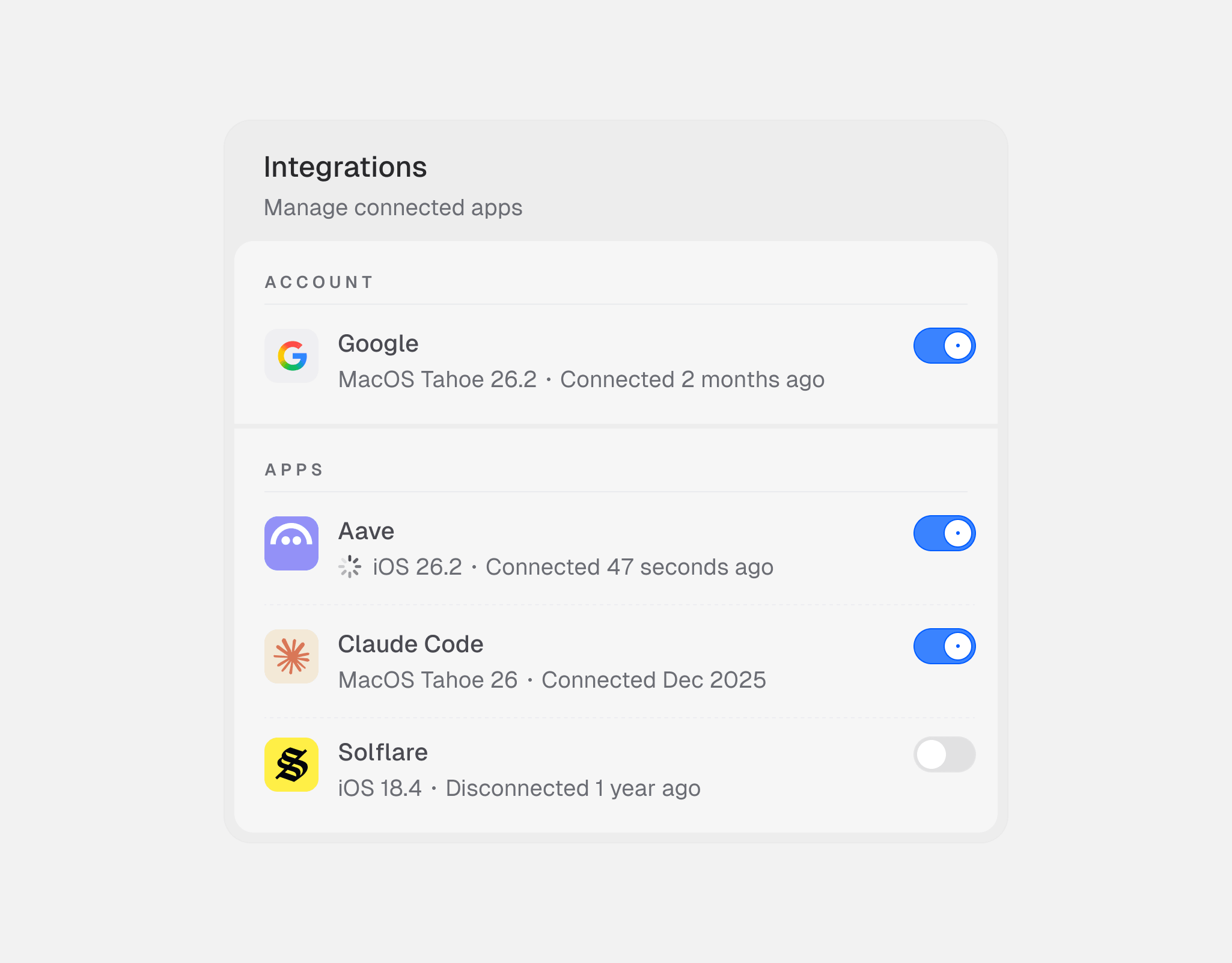 Integrations settings panel