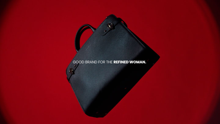 A black Alsa handbag floating against a red backdrop: "Good brand for the refined woman"