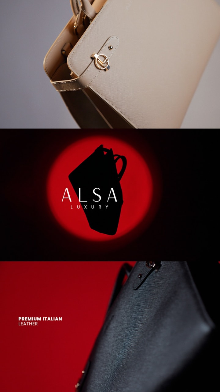 Three frames stacked: a cream Alsa bag, the ALSA logo in a red circle, and the black bag against red