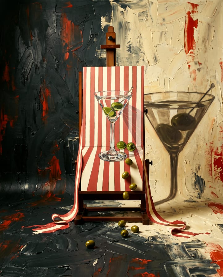 A martini painted on a striped deck chair, with olives rolling across the floor