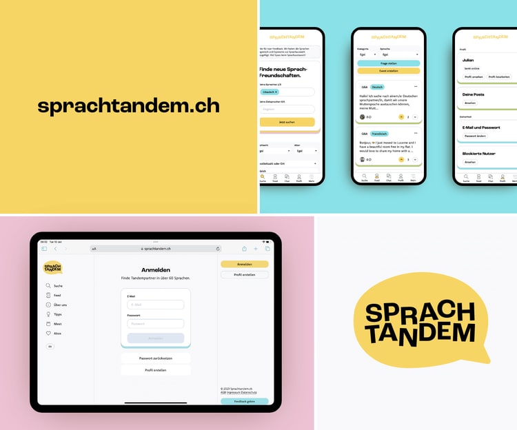 A collage of screenshots from the Sprachtandem.ch website.