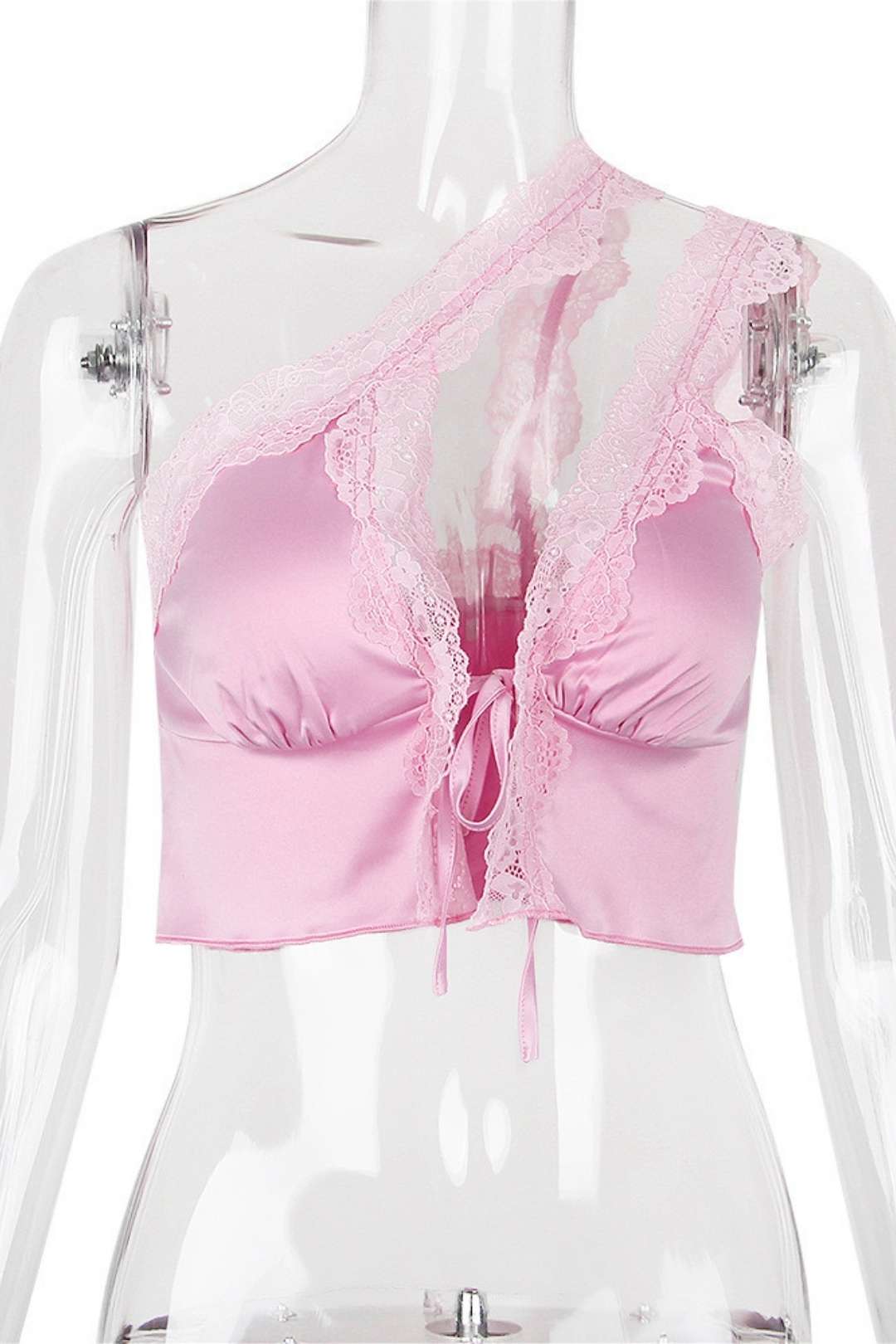 Sexy Lace Satin Stitching Oblique One-shoulder Navel-baring Top