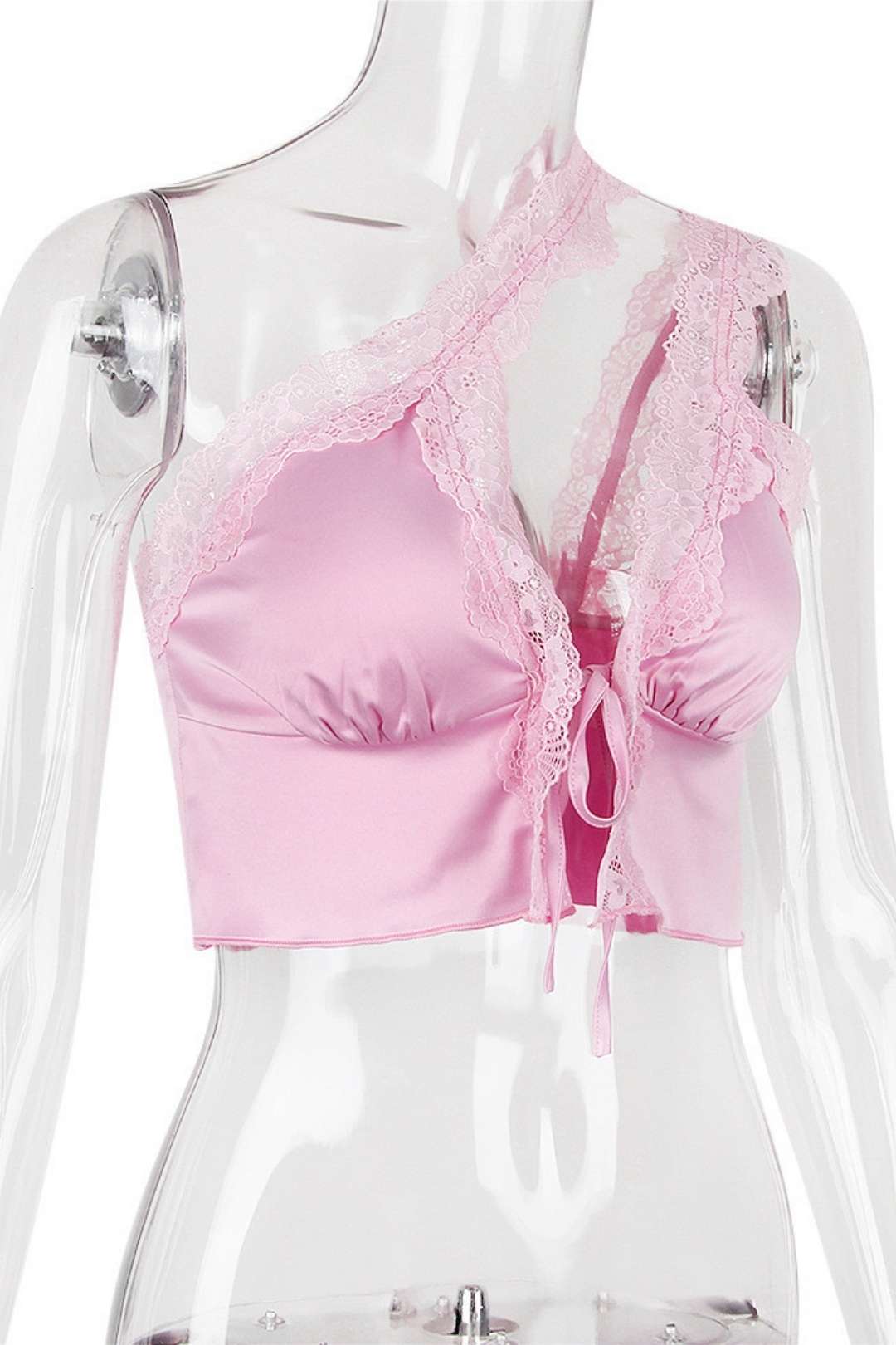 Sexy Lace Satin Stitching Oblique One-shoulder Navel-baring Top