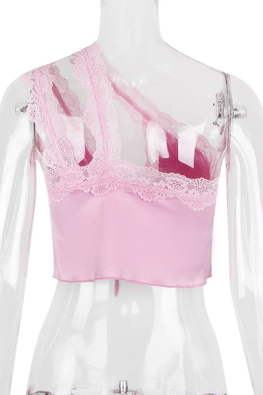 Sexy Lace Satin Stitching Oblique One-shoulder Navel-baring Top