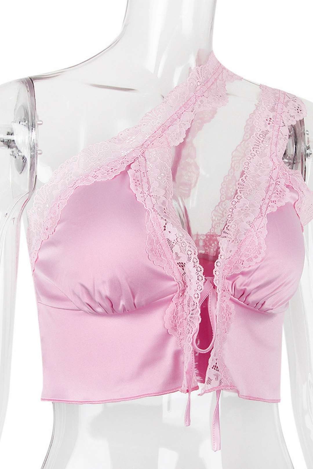 Sexy Lace Satin Stitching Oblique One-shoulder Navel-baring Top