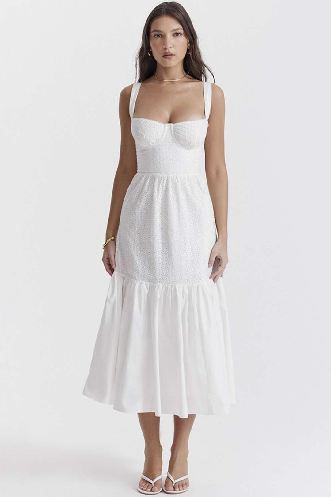 Cotton And Linen Jacquard Mid-length Skirt White Dress