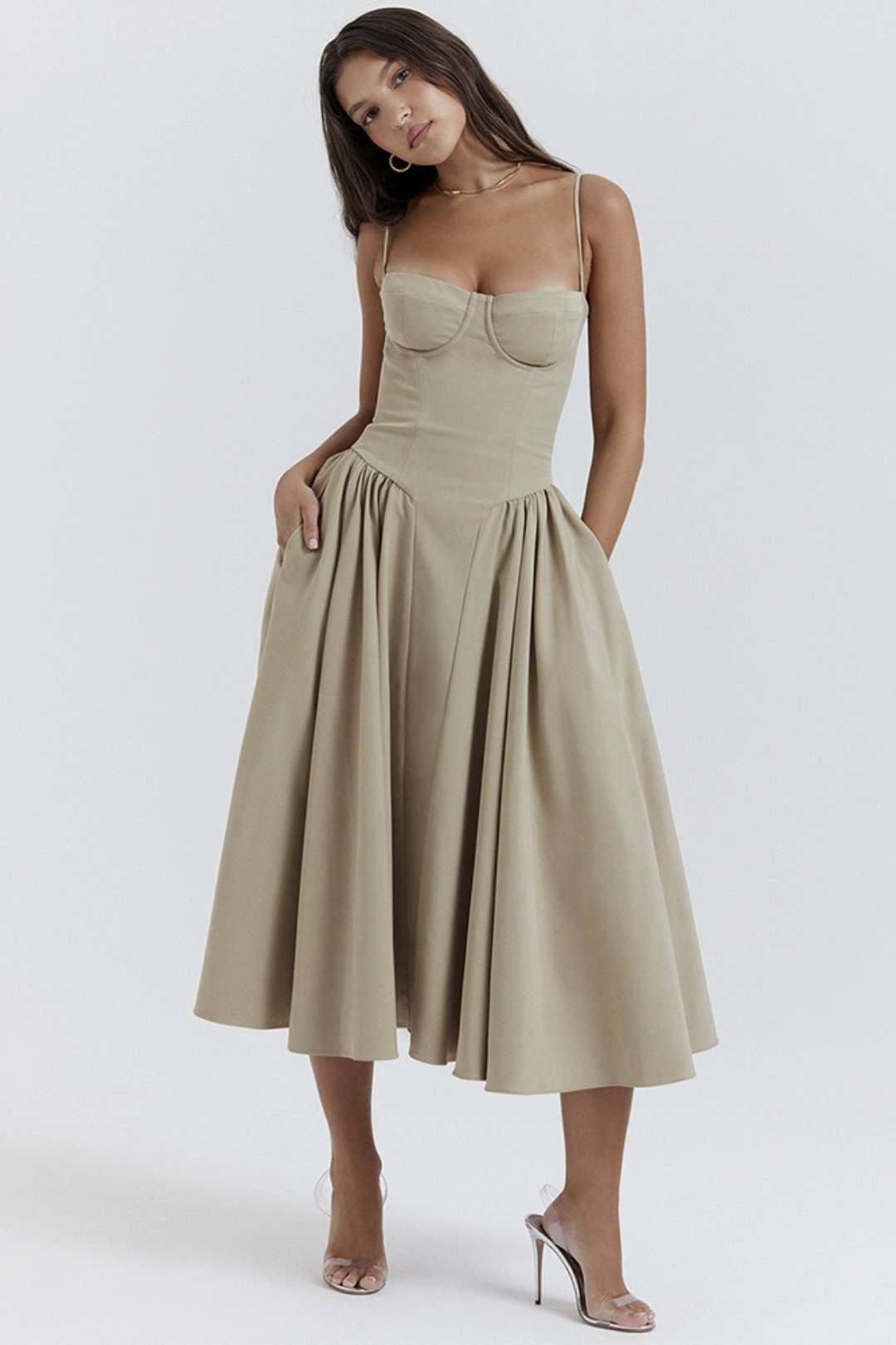 Sexy V-neck Suspender Midi-length Skirt With Slim Waist And Backless Dress.