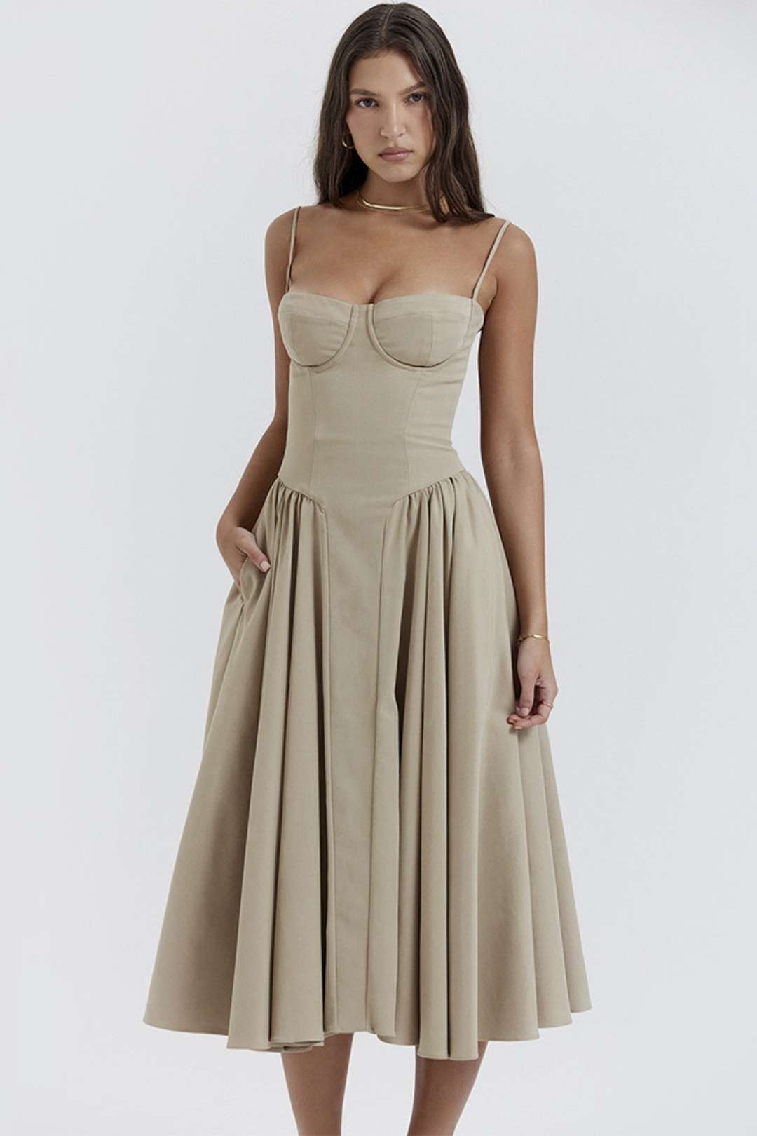 Sexy V-neck Suspender Midi-length Skirt With Slim Waist And Backless Dress.