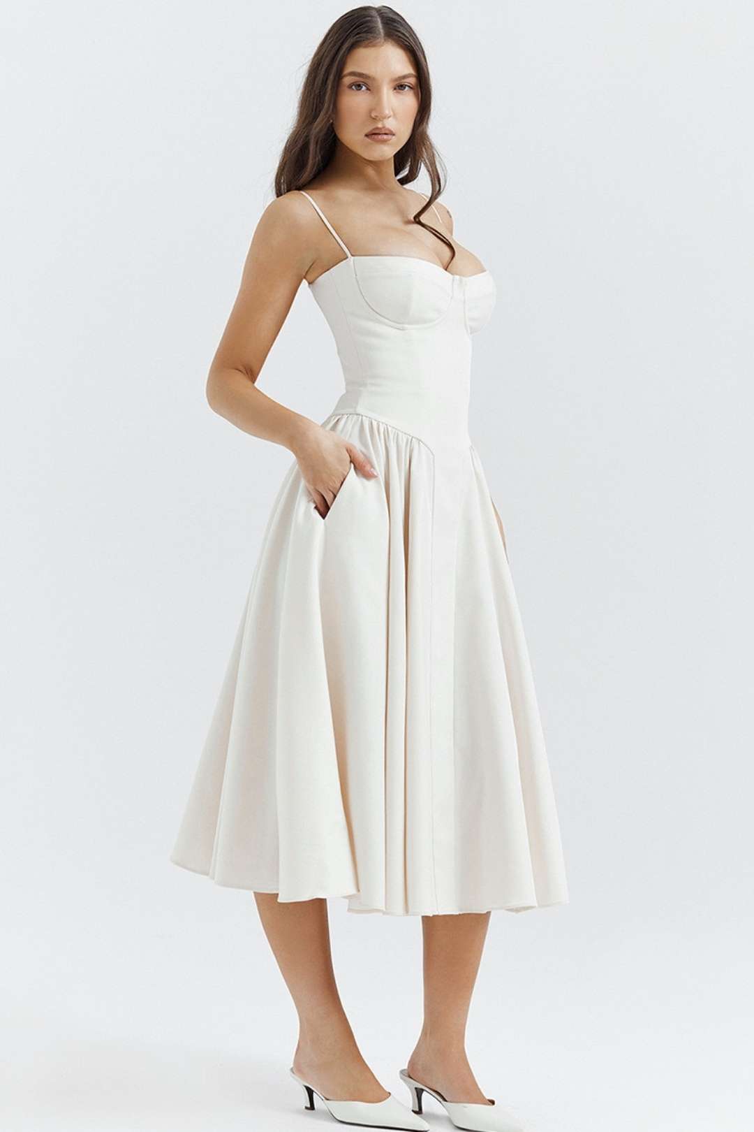 Sexy V-neck Suspender Midi-length Skirt With Slim Waist And Backless Dress.