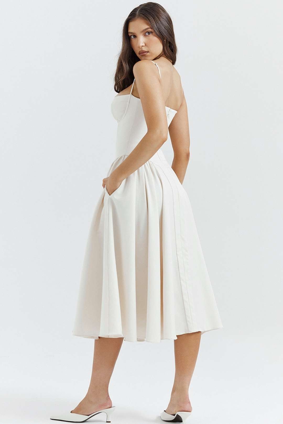 Sexy V-neck Suspender Midi-length Skirt With Slim Waist And Backless Dress.