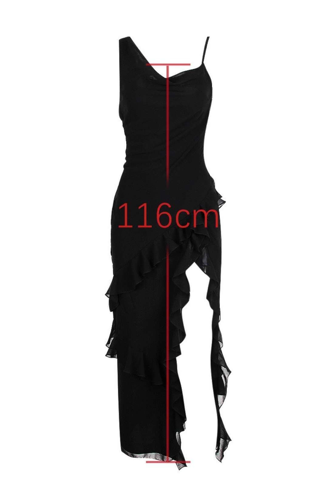 Chiffon Irregular Ruffled Suspender Black Slit Mid-length Dress