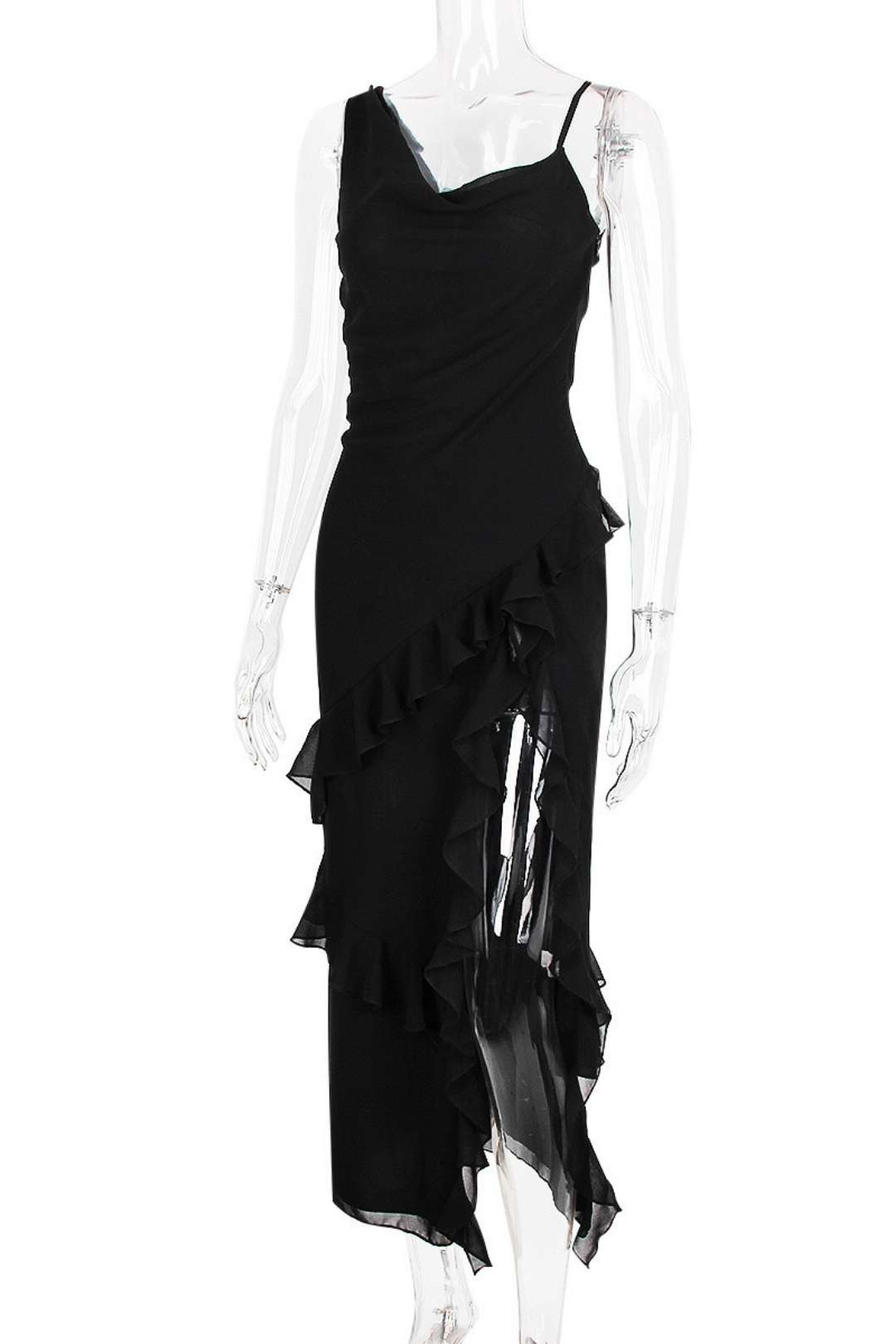 Chiffon Irregular Ruffled Suspender Black Slit Mid-length Dress
