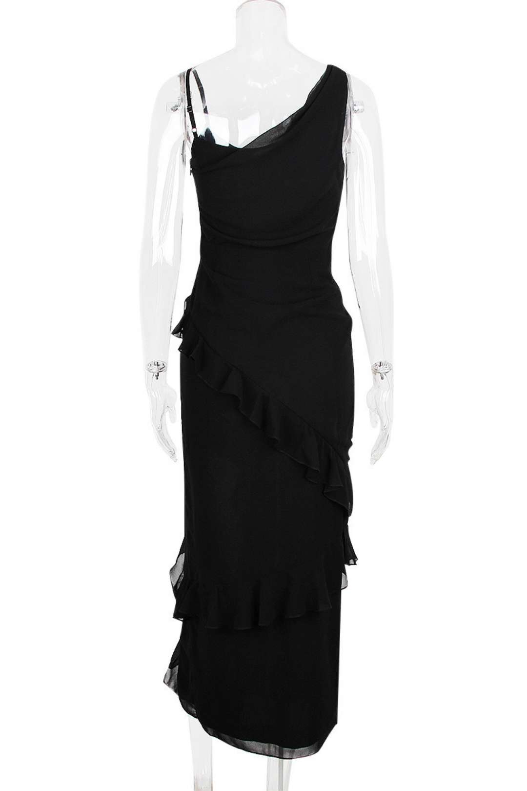 Chiffon Irregular Ruffled Suspender Black Slit Mid-length Dress