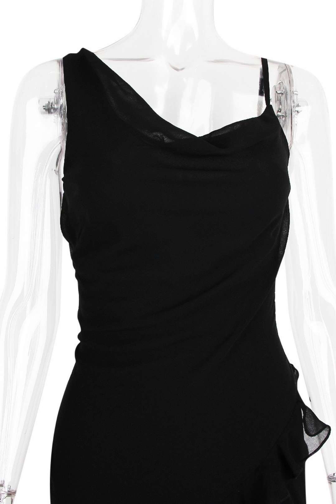 Chiffon Irregular Ruffled Suspender Black Slit Mid-length Dress