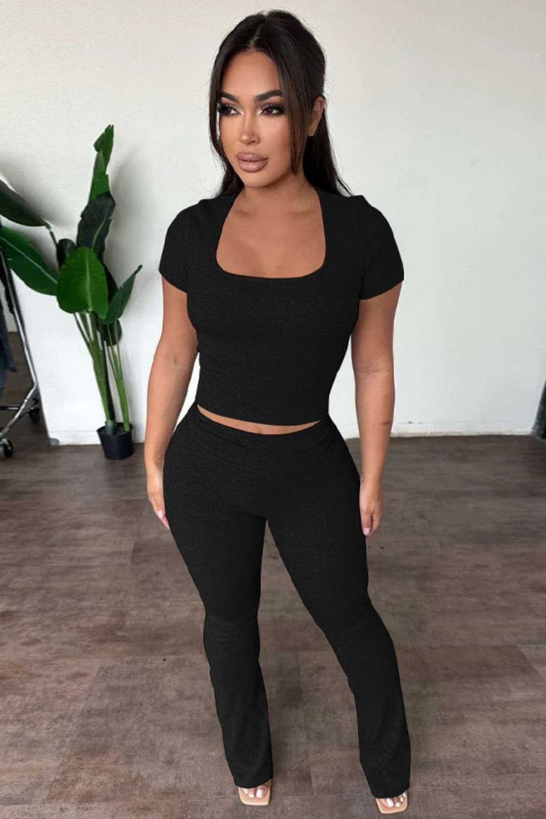 Casual Short-sleeved Tops Slim Solid Color Trousers Suit