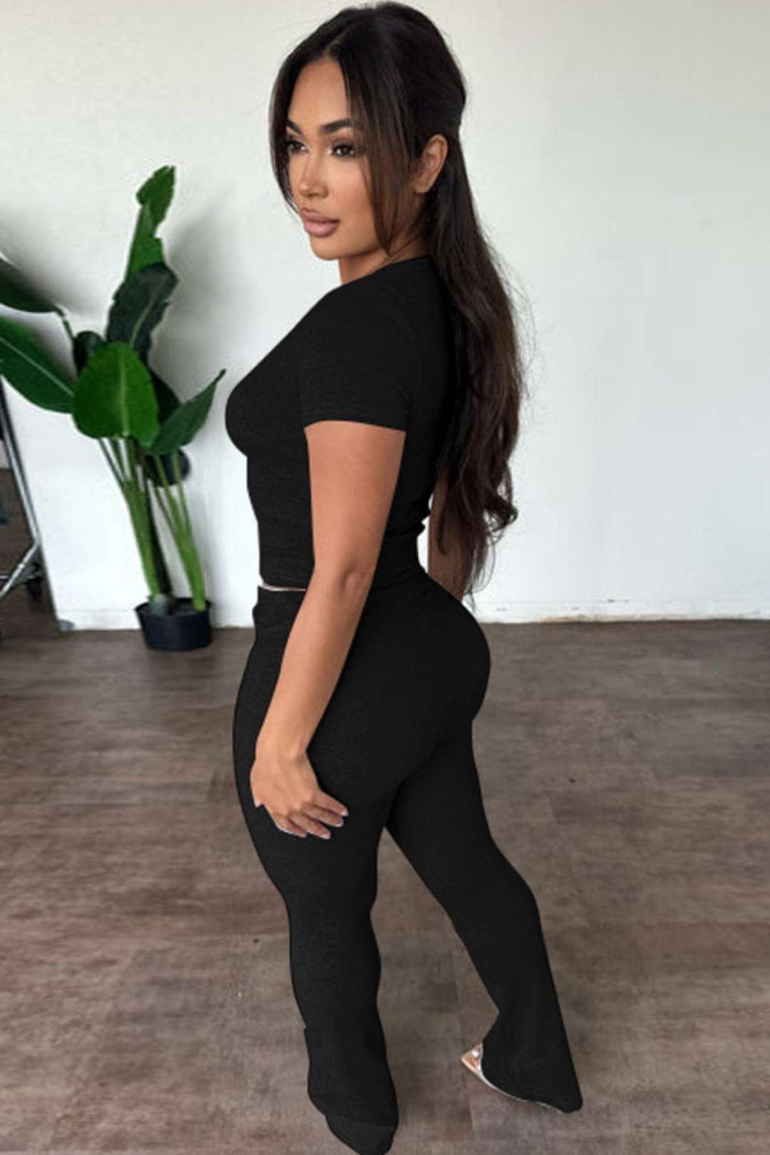 Casual Short-sleeved Tops Slim Solid Color Trousers Suit