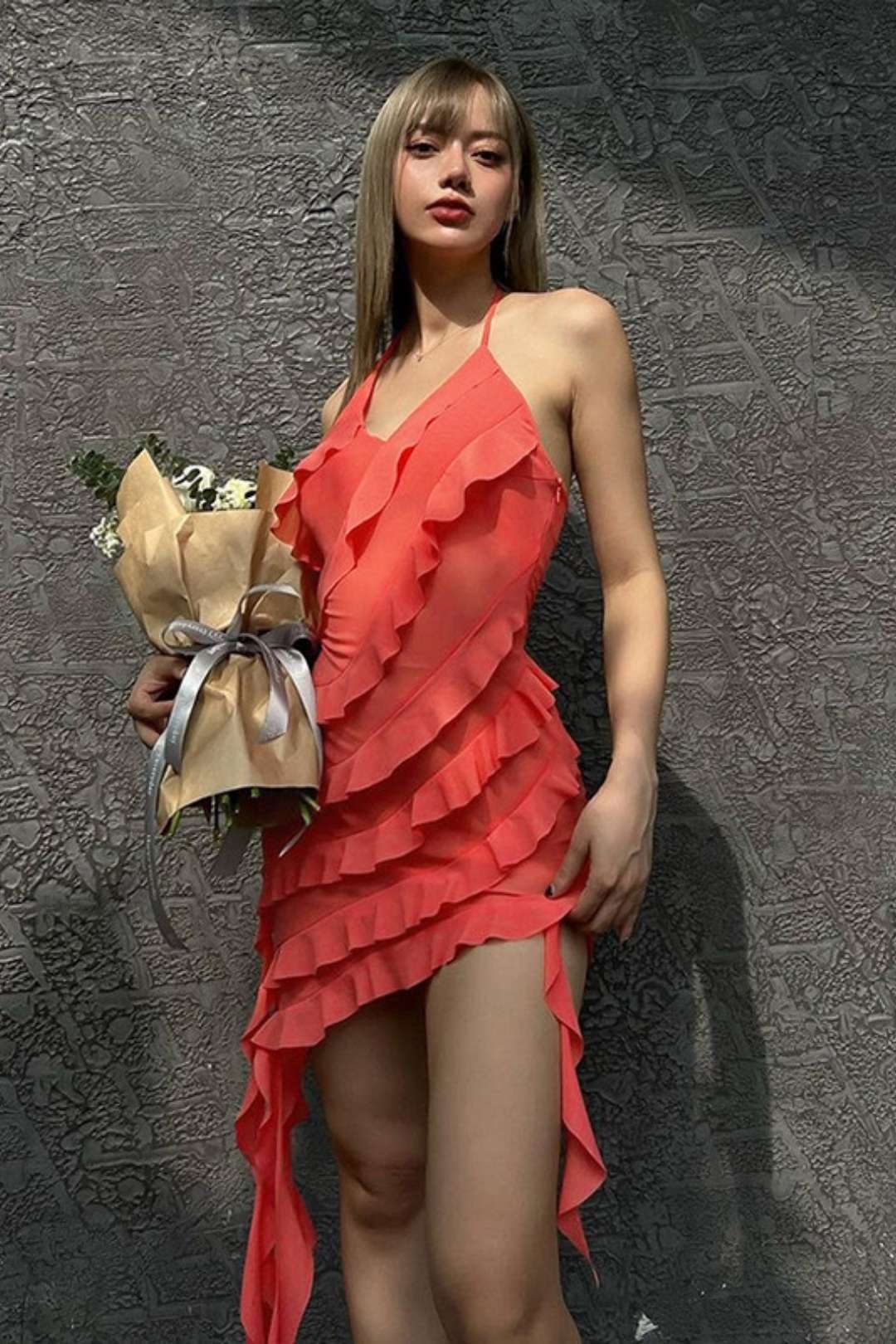 Solid Color Fashionable Irregular Design Strappy Halterneck Slim