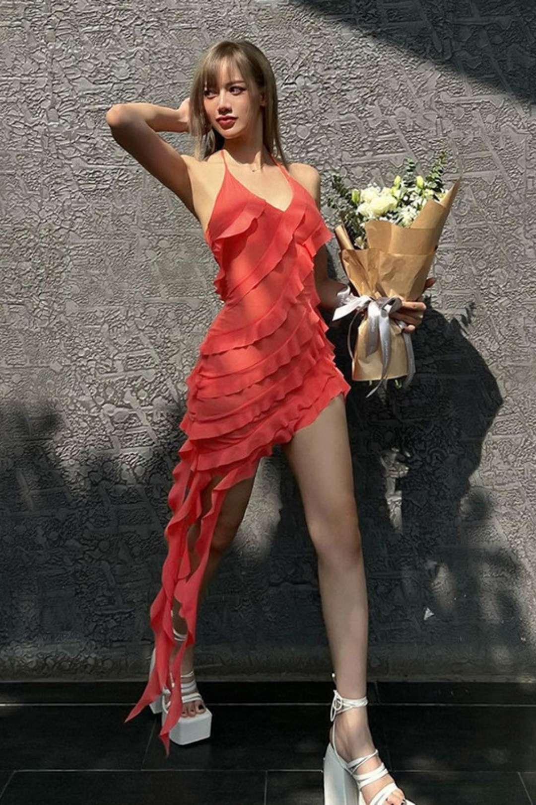 Solid Color Fashionable Irregular Design Strappy Halterneck Slim