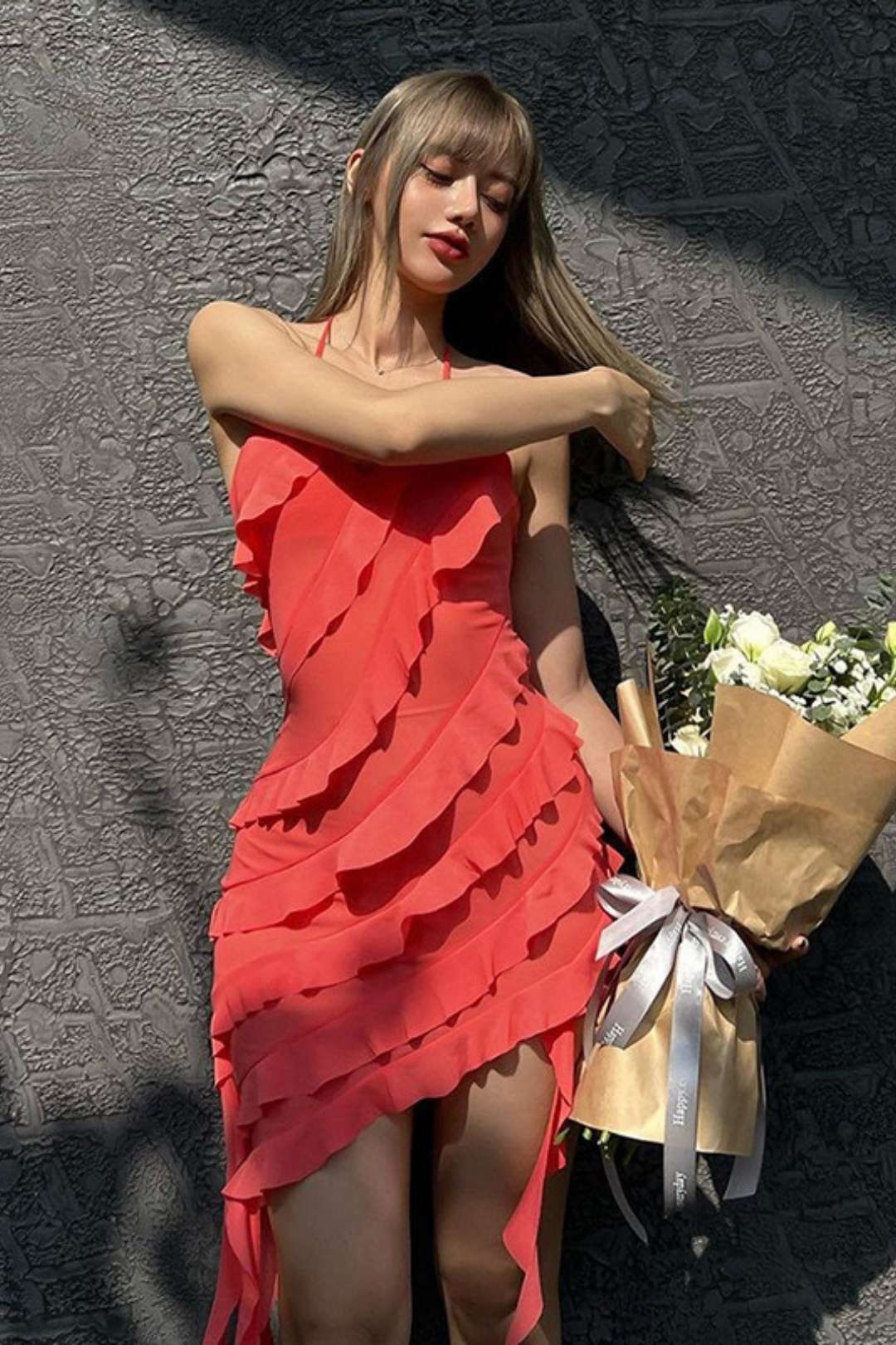 Solid Color Fashionable Irregular Design Strappy Halterneck Slim