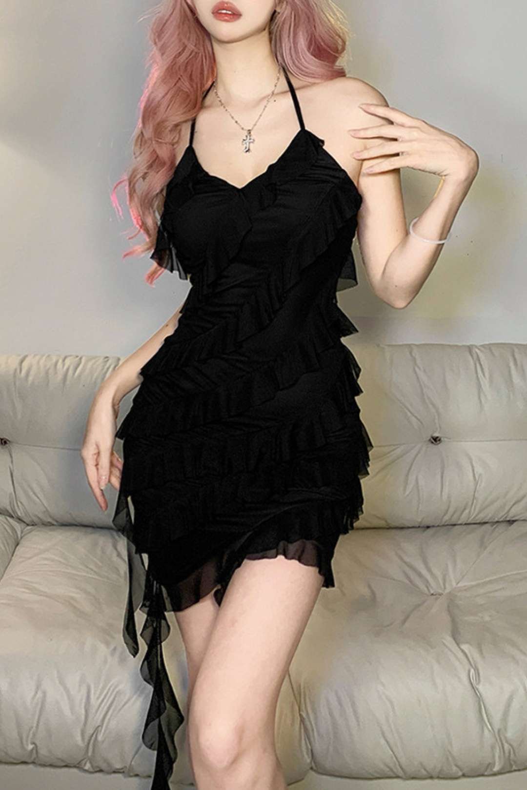 Solid Color Fashionable Irregular Design Strappy Halterneck Slim