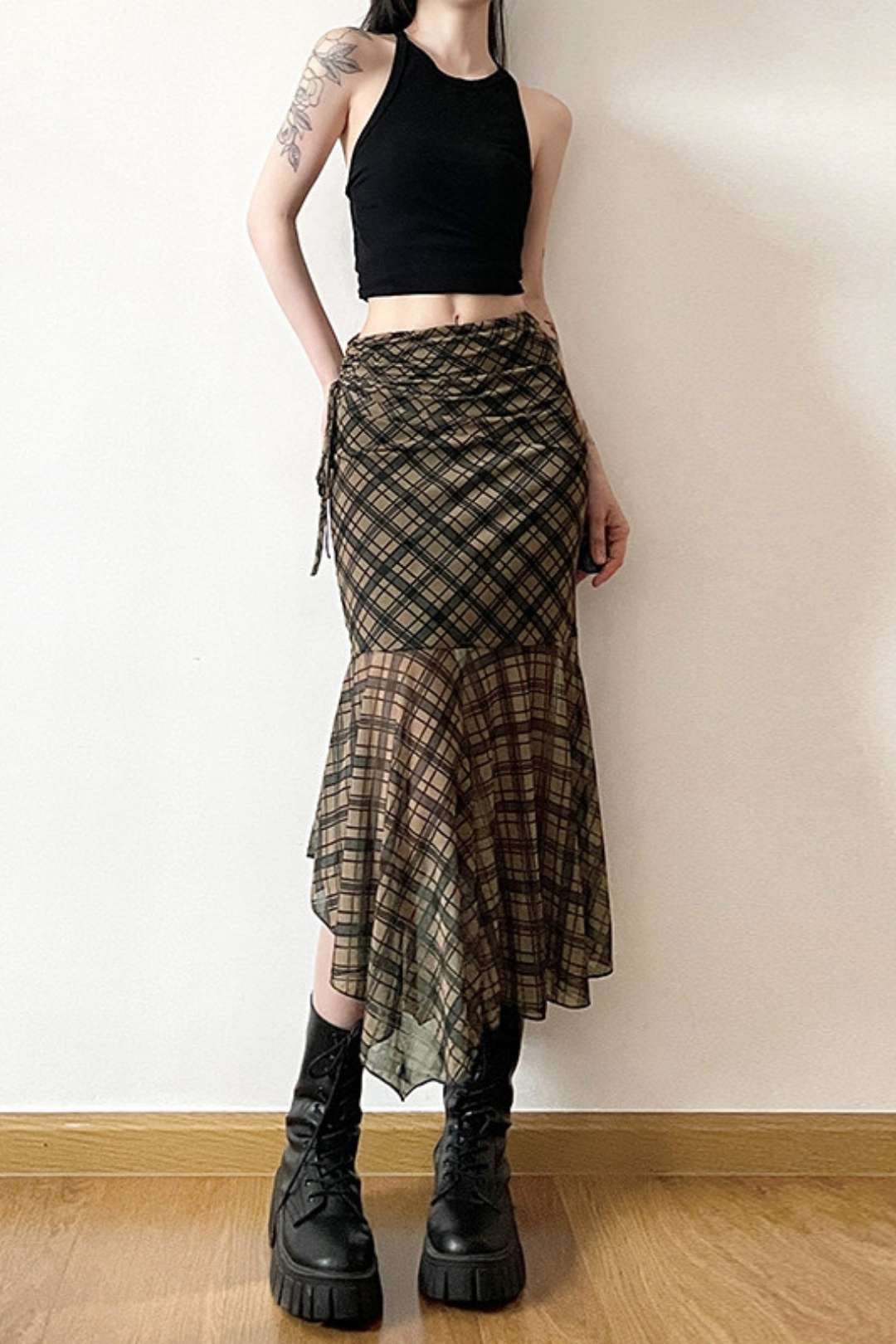 Slimming Street Fashion High Waist Bag Hip Plaid Skirt