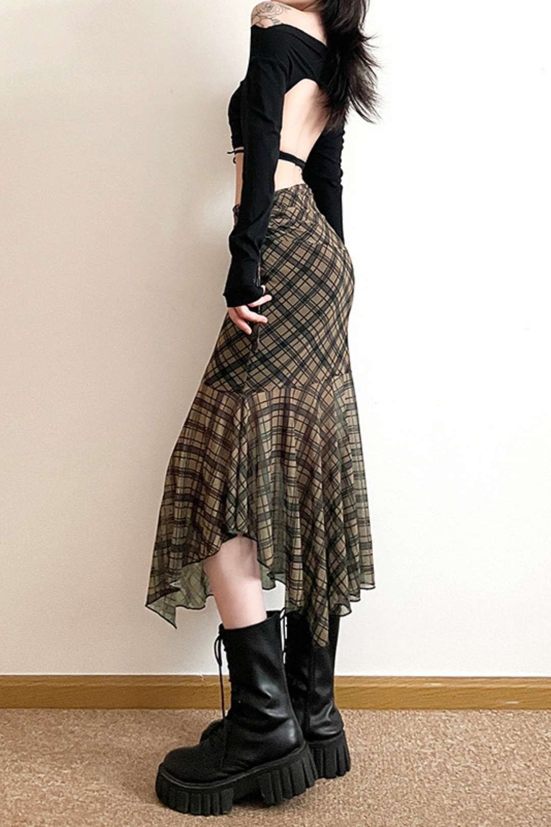 Slimming Street Fashion High Waist Bag Hip Plaid Skirt