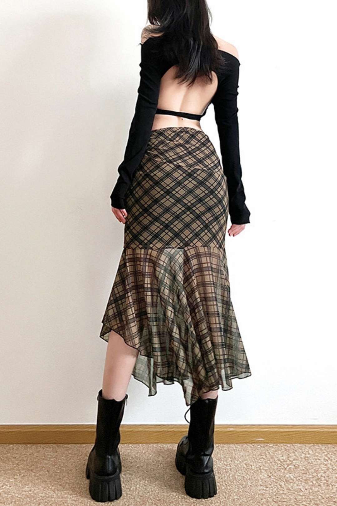 Slimming Street Fashion High Waist Bag Hip Plaid Skirt