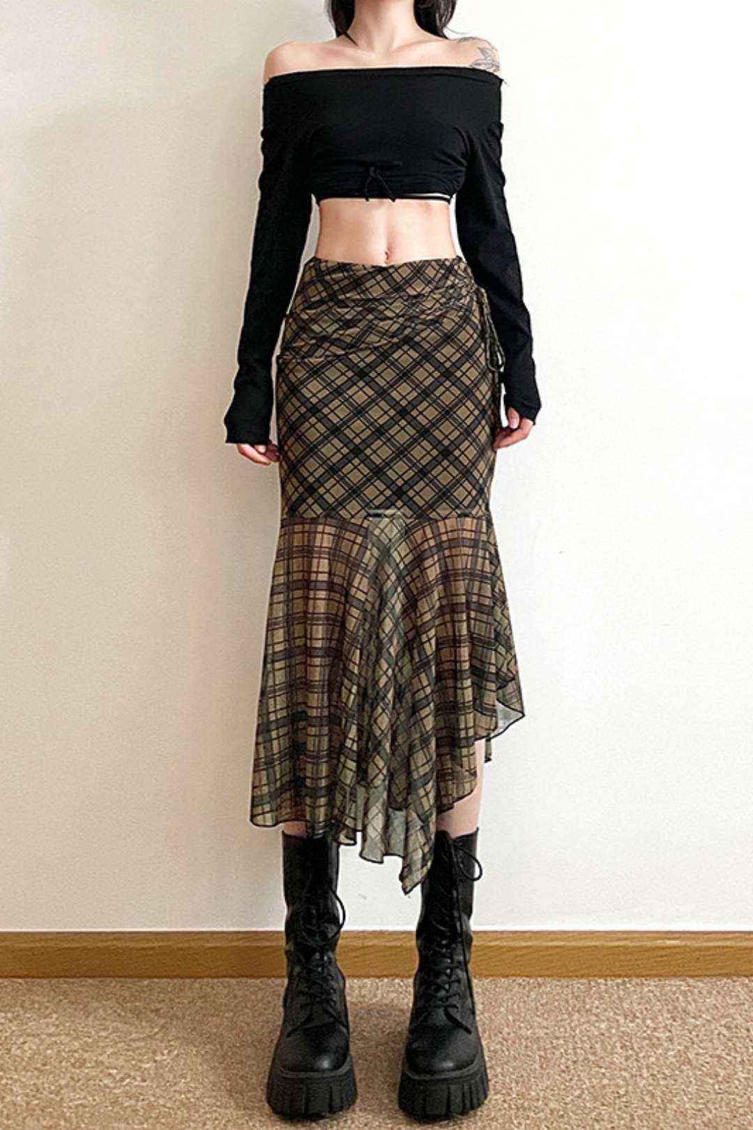 Slimming Street Fashion High Waist Bag Hip Plaid Skirt