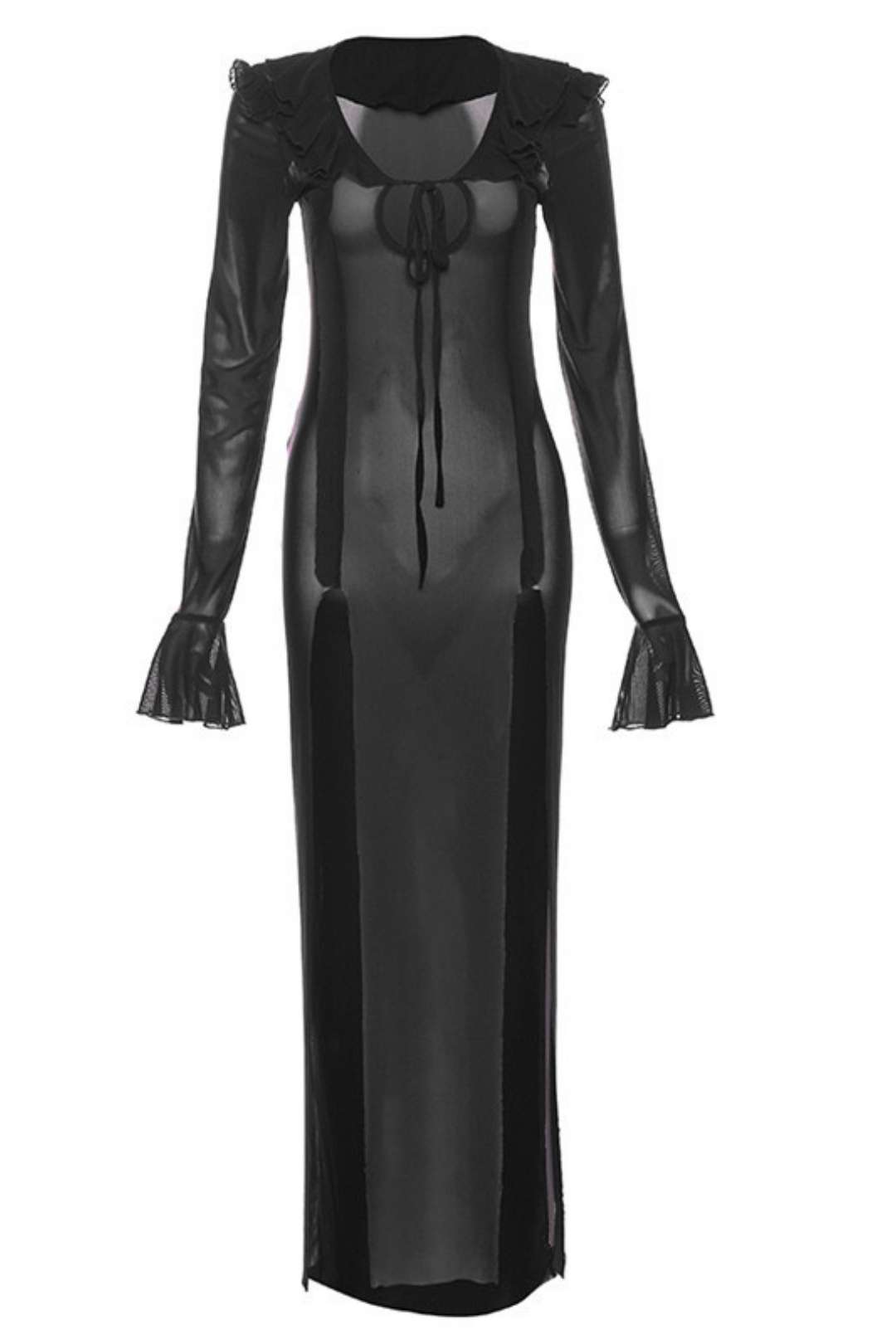 Long-sleeved U-neck Strap Slim Gauze See-through Dress