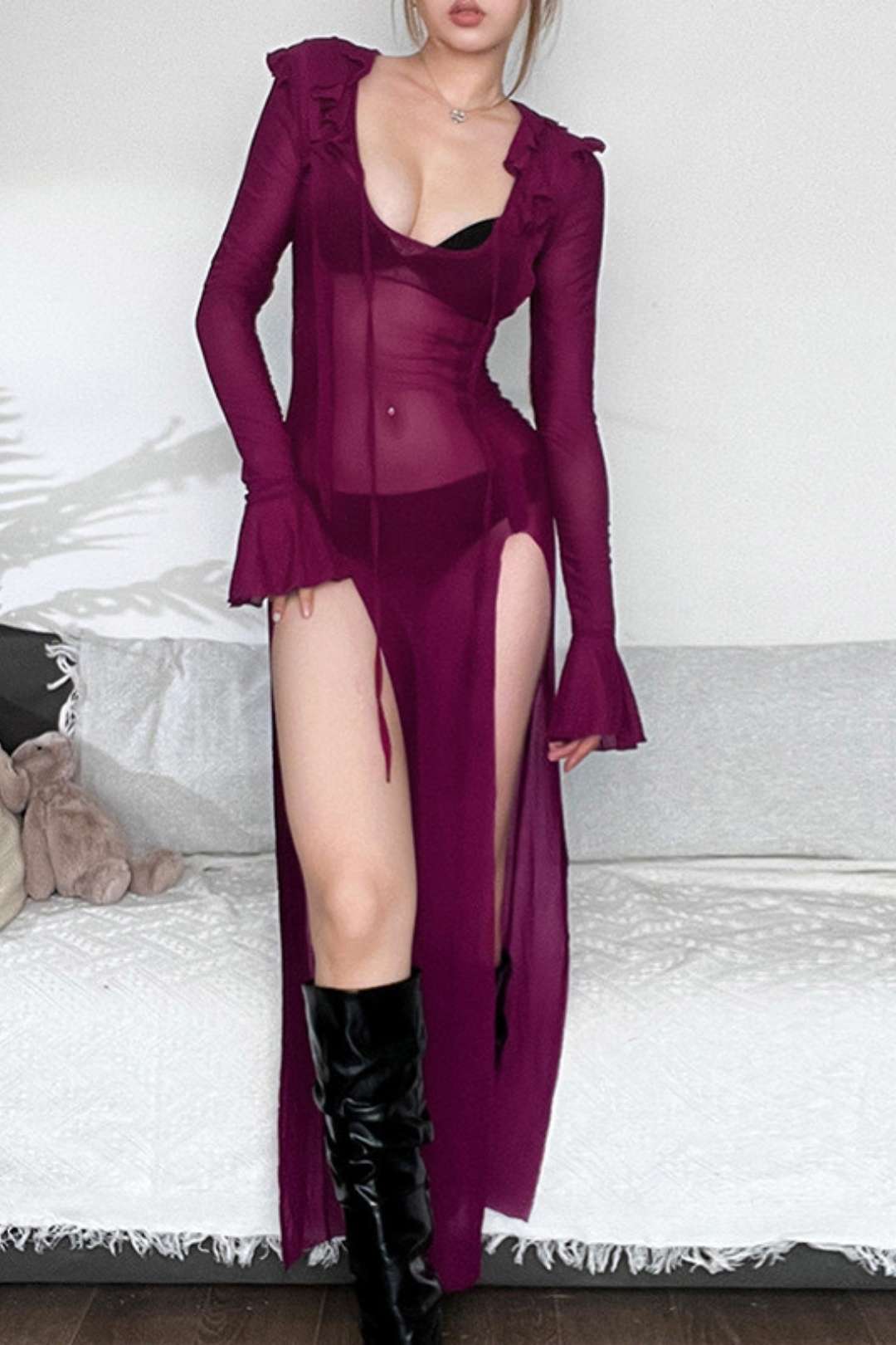 Long-sleeved U-neck Strap Slim Gauze See-through Dress