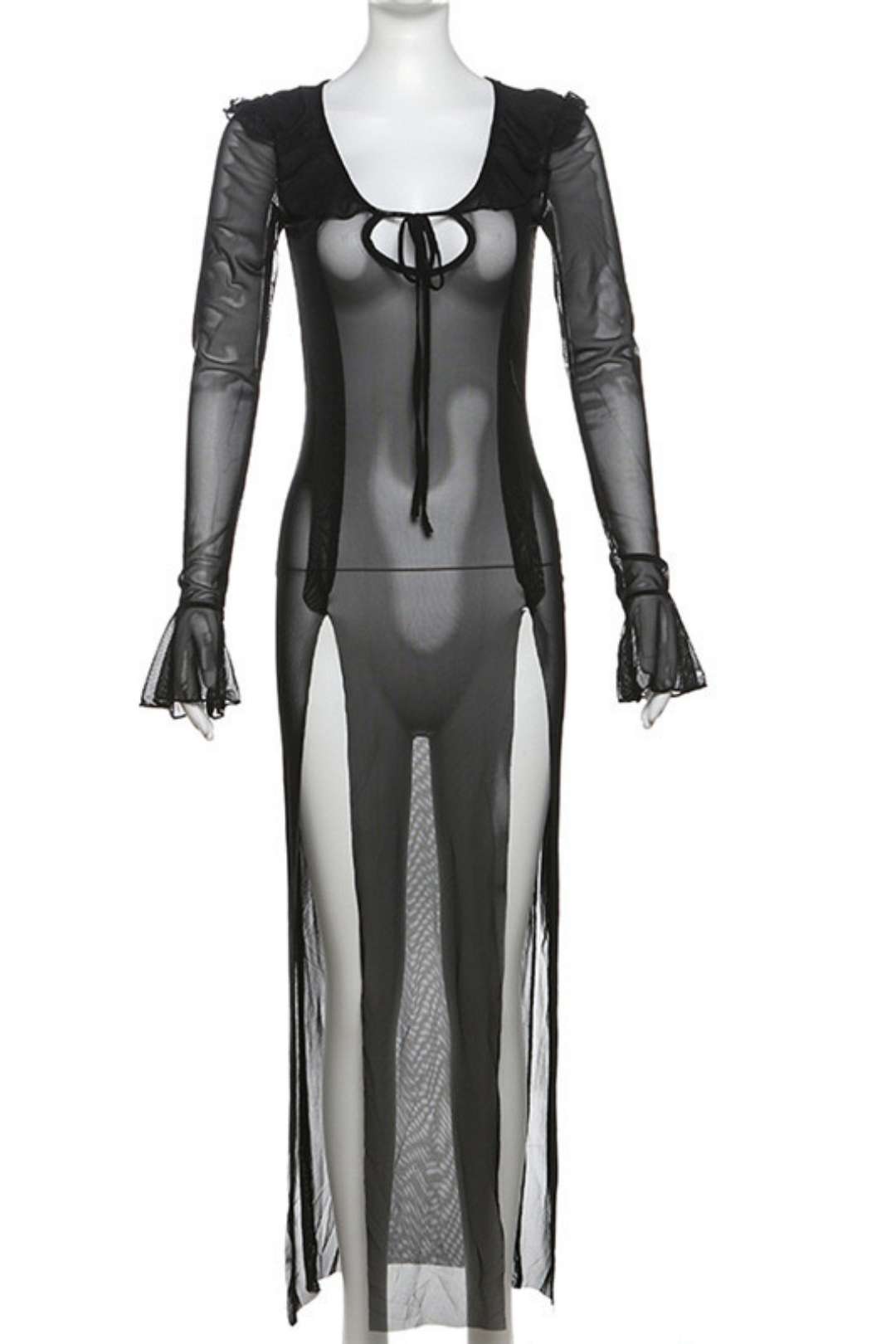 Long-sleeved U-neck Strap Slim Gauze See-through Dress