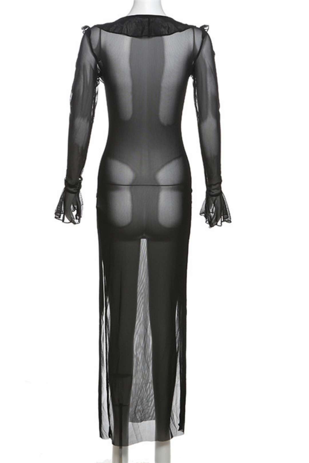 Long-sleeved U-neck Strap Slim Gauze See-through Dress