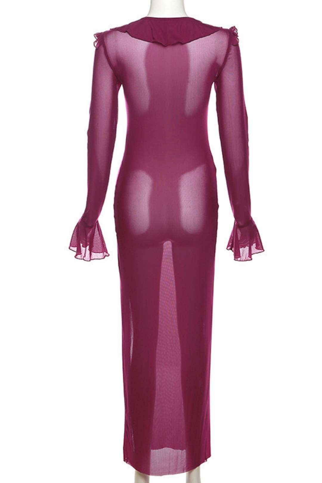 Long-sleeved U-neck Strap Slim Gauze See-through Dress